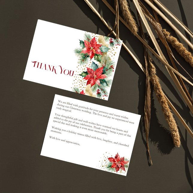 Mariage de Noël hivernal poinsettia or merci (Winter Christmas wedding watercolor pines poinsettia gold sprinkles thank you card)