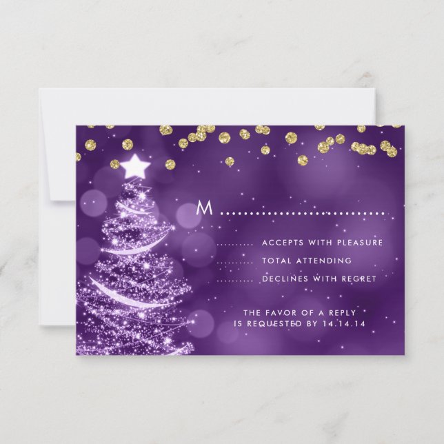 Mariage de Noël RSVP Sparkle Tree or pourpre (Devant)