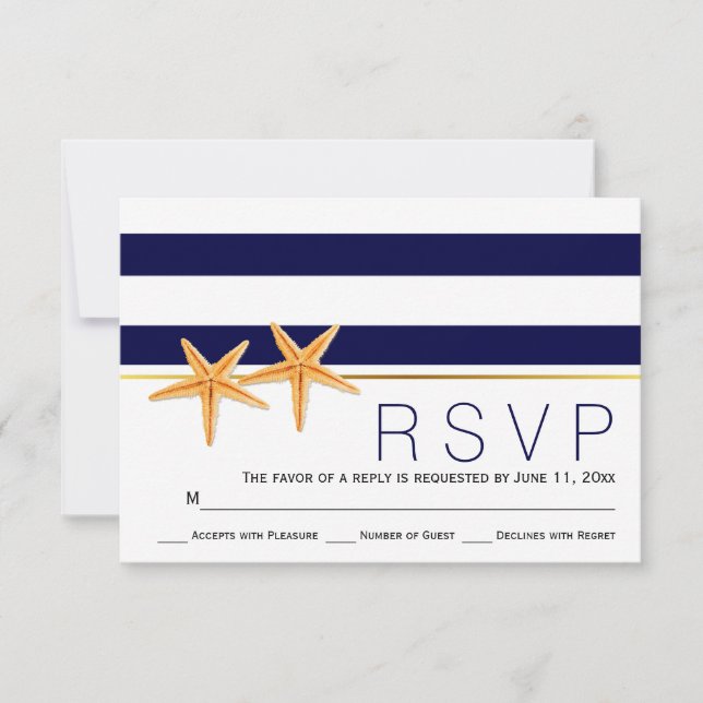 Mariage de plage Starfish & navy bleu rayures RSVP (Devant)