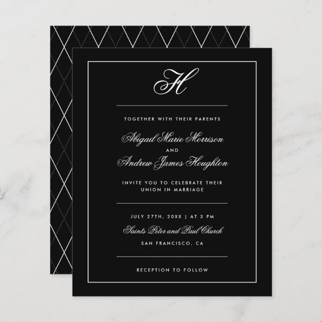 Mariage de script de monogramme noir blanc élégant (Devant / Derrière)