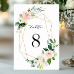 Mariage de trame or blanc vierge Numéro de table<br><div class="desc">Elégante carte de numéro de table de mariage avec des fleurs d'aquarelle peintes en rose vif,  blanc et vert feuillage avec cadres d'or. Pour une personnalisation plus avancée de cette conception,  veuillez cliquer sur le bouton "Personnaliser". Des articles correspondants sont également disponibles.</div>