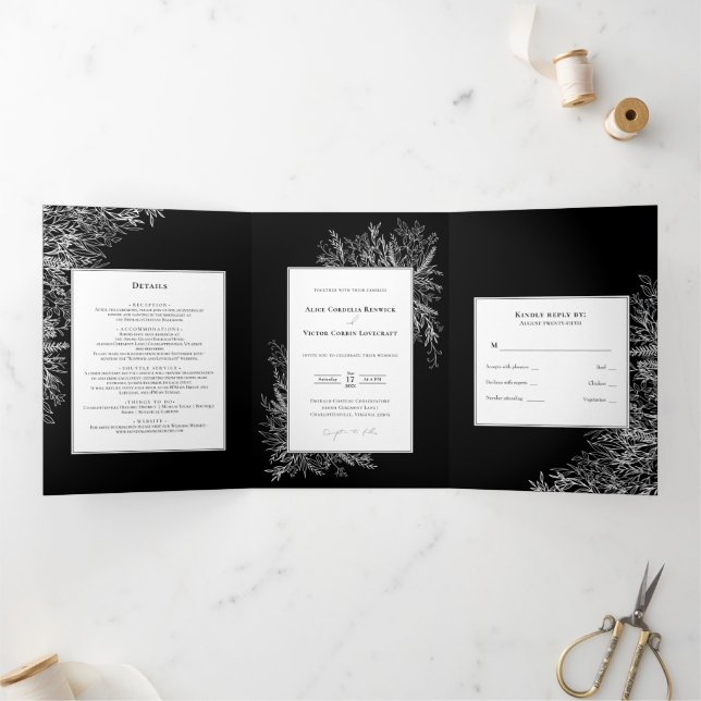 Mariage de verdure noir blanc triple invitation (Intérieur)