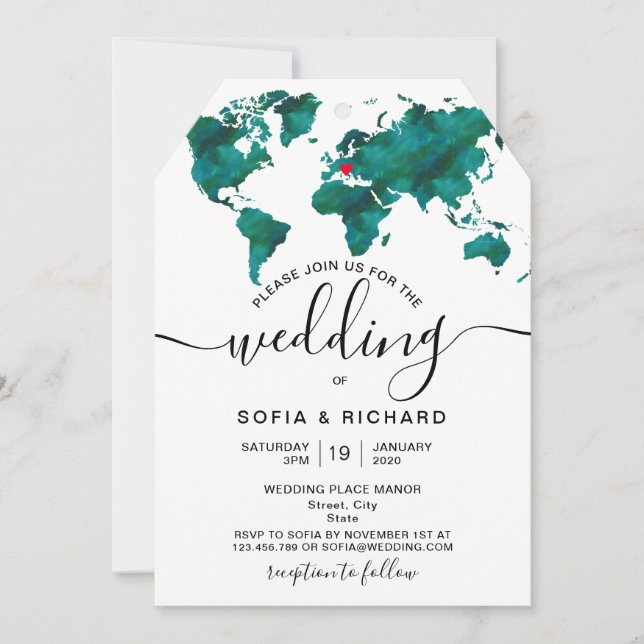 Mariage Destination Monde Carte Coeur Invitation (Devant)