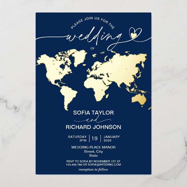 Mariage Destination Monde Carte Typographie Or Mar (Recto)