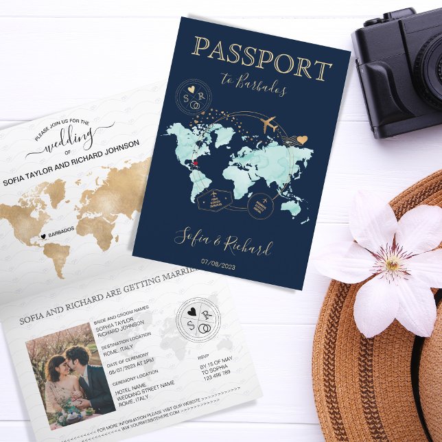 Mariage Destination Passport Carte du monde Barbad (Créateur téléchargé)
