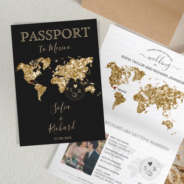 Mariage Destination Passport Carte du monde Mexiqu (gold glitter and black passport wedding invitation)