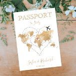 Mariage Destination Passport Gold Carte du monde C<br><div class="desc">Carte du monde moderne et élégant Invitation Mariage Destination,  comme passeport. Deux coeurs et un avion sur la carte du monde doré arrière - plan</div>