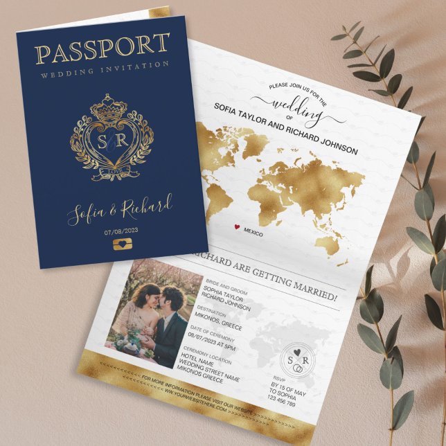 Mariage Destination Passport Gold Carte du monde G (ELEGANT NAVY PASSPORT WEDDING INVITATION WITH GOLD CREST AND INITIALS)