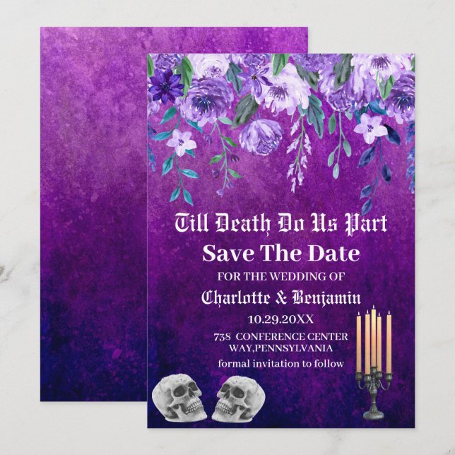 Mariage d'Halloween Purple Skull Save The Date  (Devant / Derrière)