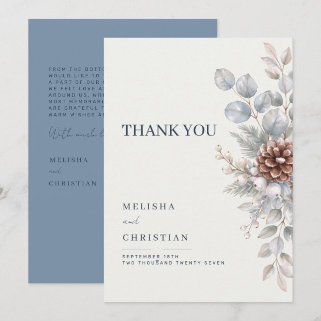 Mariage d'hiver dans des tons gris-bleu | Merci  (Devant / Derrière)
