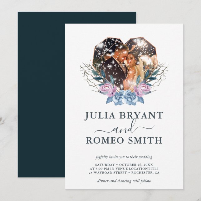 Mariage d'hiver Forme cardiaque Photo Invitation (Devant / Derrière)