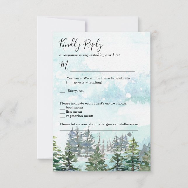 Mariage d'hiver pins neige arbres RSVP carte (Devant)