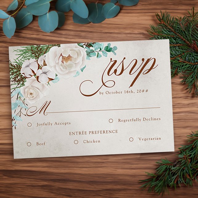 Mariage d'hiver Rose blanche RSVP avec options de  (Winter Wedding and Meal RSVP Card with elegant calligraphy, white rose, pine and eucaluptus)