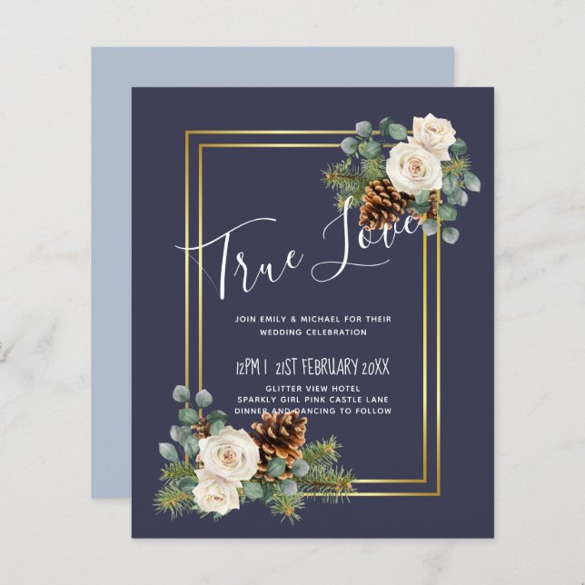 Mariage d'hiver Roses blanches Or Dusty Bleu (Devant / Derrière)