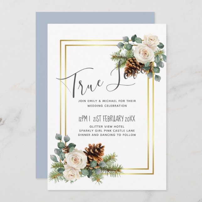 Mariage d'hiver Roses blanches Or Dusty Bleu (Devant / Derrière)