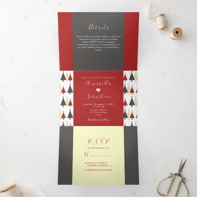 Mariage d'hiver rouge Invitation triplée (Intérieur)
