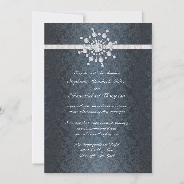Mariage d'hiver Snowflake Invitation à Damas Bleu (Devant)