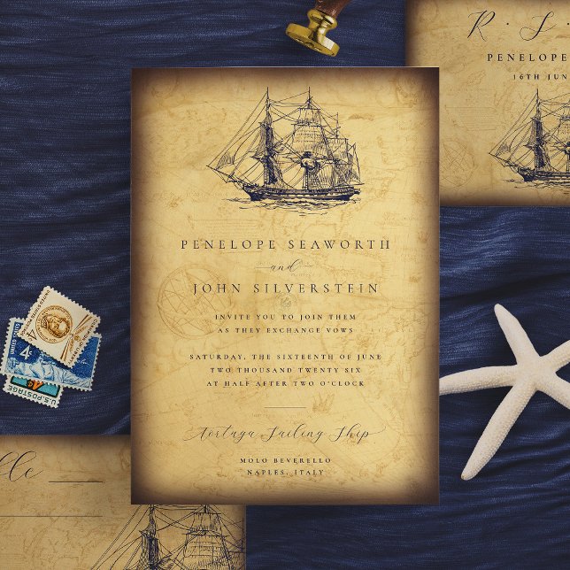 Mariage d'illustration d'expédition de carte Vinta (Nautical Vintage Map Ship Illustration Wedding Invitation)
