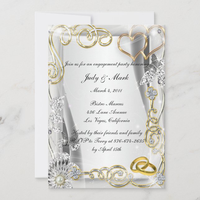 Mariage d'or Anneaux Coeurs Engagement Invitation (Devant)