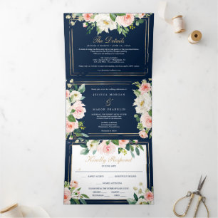 Mariage d'or bleu marine Invitations triplées RSVP