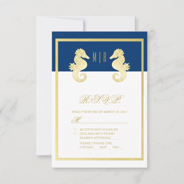 Mariage d'or de Preppy Beach Seahorse Navy RSVP (Devant)
