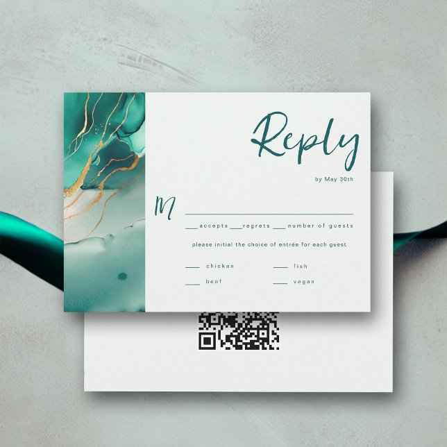 Mariage d'or Emerald moderne QR Choix de repas RSV (emerald green gold modern summer beach wedding rsvp card meal choice qr code elegant bohemian chic)