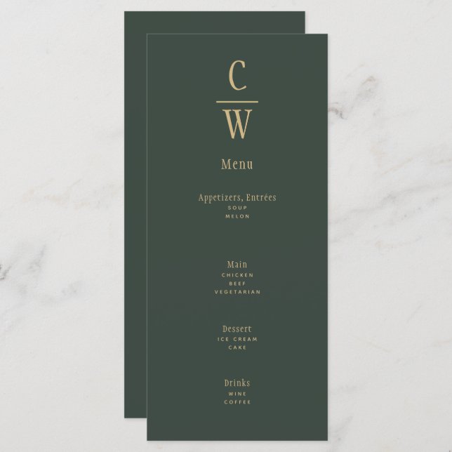 Mariage d'or vert olive moderne Monogramme Menu (Devant / Derrière)