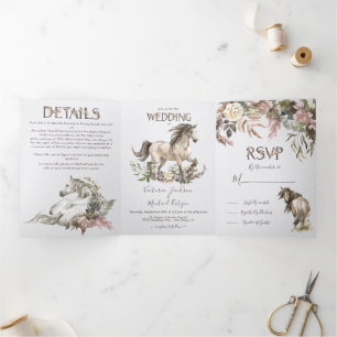 Mariage du ranch Floral Horse Tri-Fold Invitation