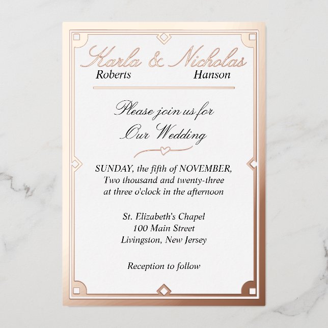 Mariage Élégant Blanc Art Déco. Invitation avec fe (Recto)