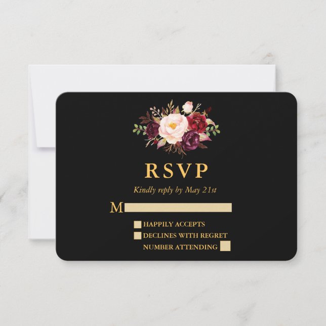Mariage Elégant Bourgogne Floral Black Gold RSVP (Devant)