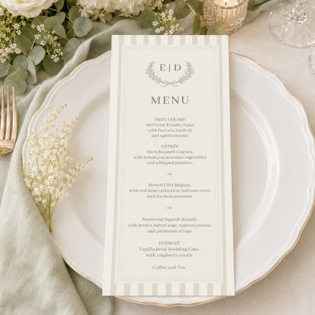 Mariage élégant carte de menu vert sauge monogramm (Créateur téléchargé)