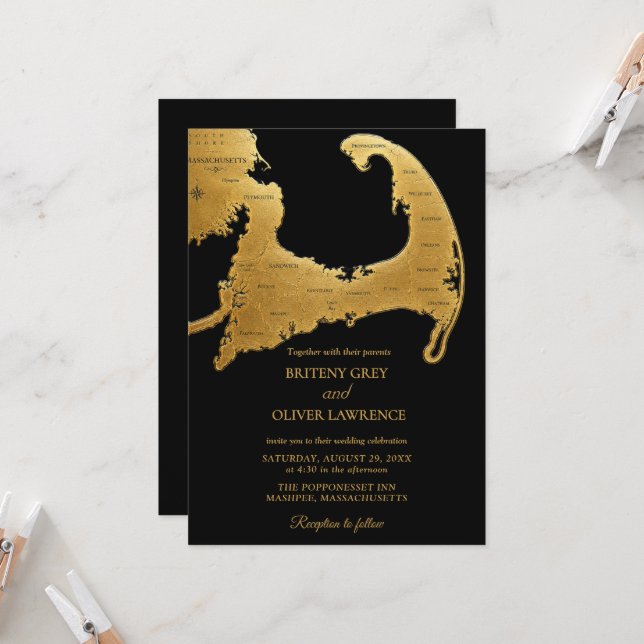 Mariage élégant carte du Cap Cod or noir (Devant/Arrière en situation)