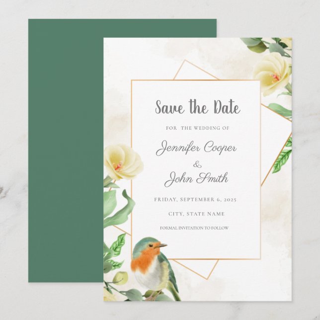 Mariage Élégant Fleur Oiseau Aquarelle   (Devant / Derrière)