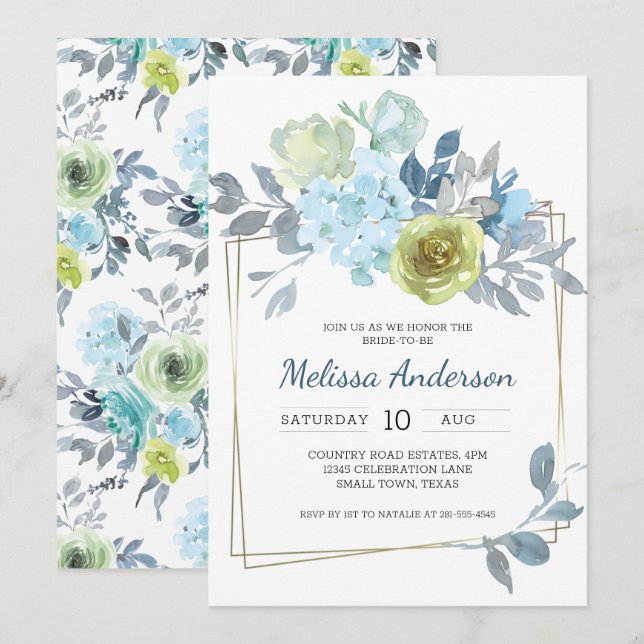 Mariage élégant floral bleu clair jaune vert (Devant / Derrière)