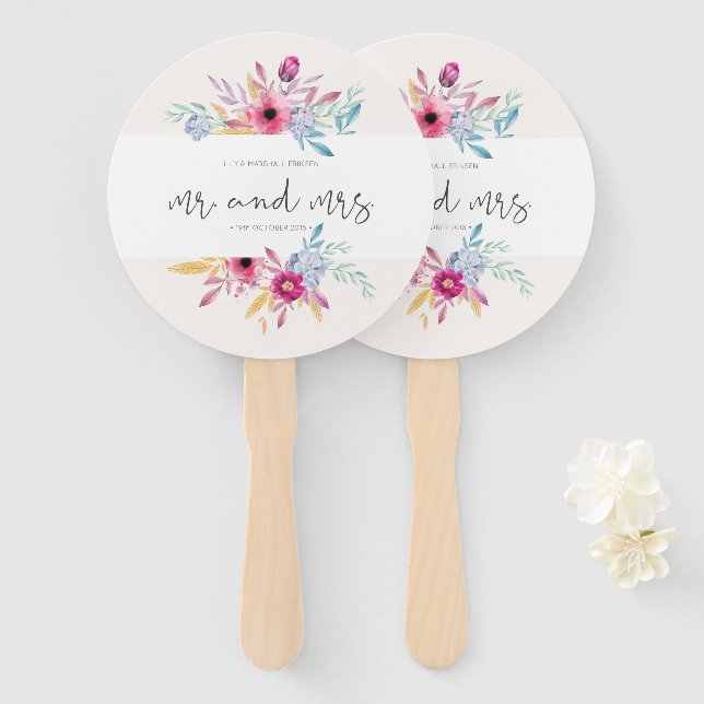 Mariage élégant floral M & Mme | Éventails à main (Devant et derrière)