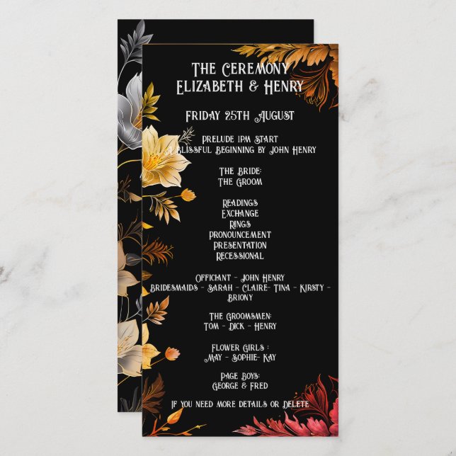 Mariage élégant Invitations florales noir et or (Devant / Derrière)