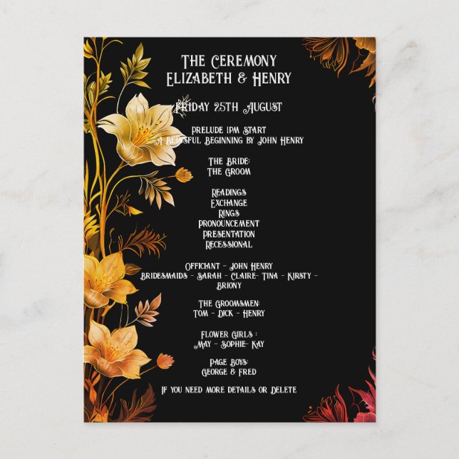 Mariage élégant Invitations florales noir et or (Devant)
