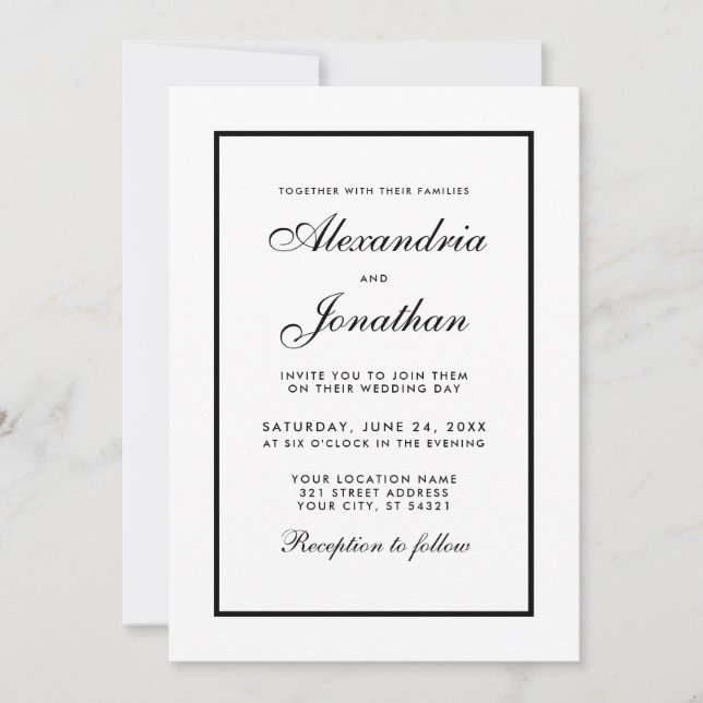 Mariage élégant moderne Invitation noir & blanc (Devant)