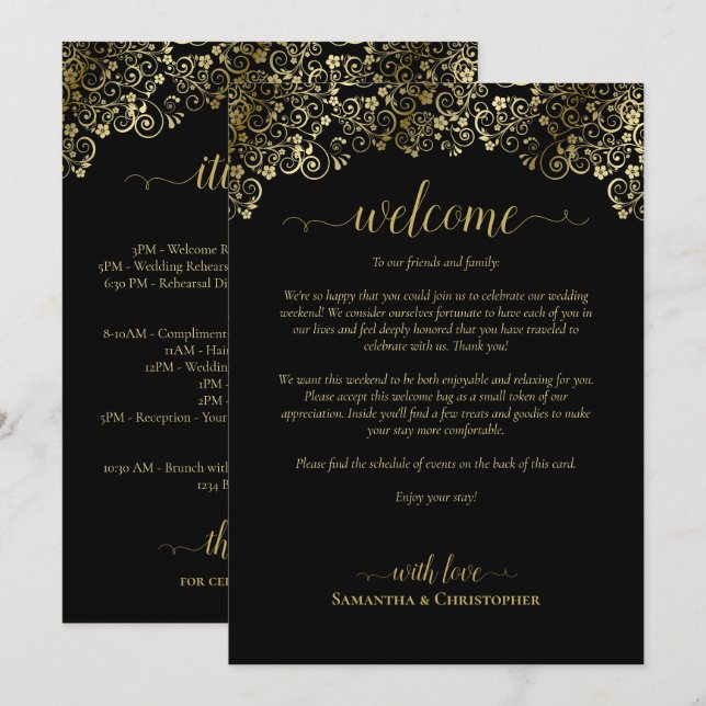 Mariage Élégant Noir & Or : Accueil & Programme (Devant / Derrière)