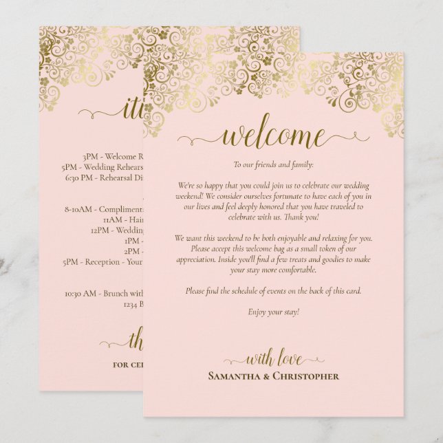 Mariage Élégant Rose & Or : Accueil et Programme (Devant / Derrière)