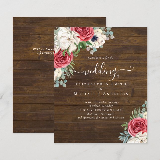 Mariage Élégant Rouge Blanc Bleu Floral Budget (Devant / Derrière)
