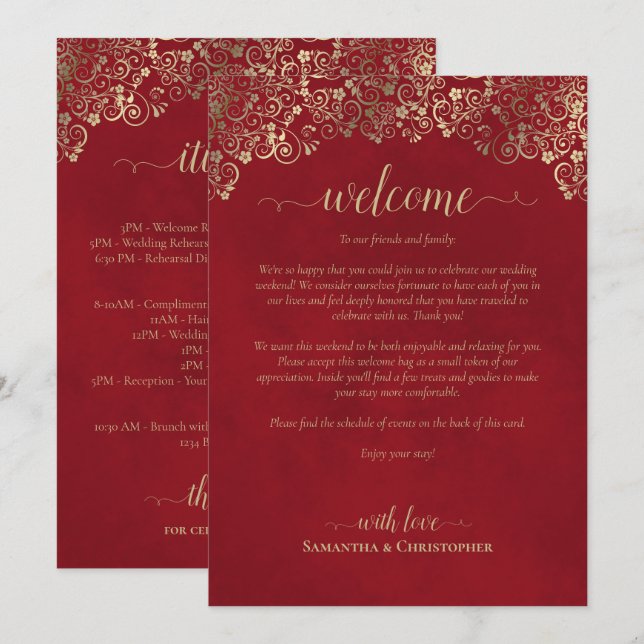 Mariage Élégant Rouge & Or : Accueil & Programme (Devant / Derrière)