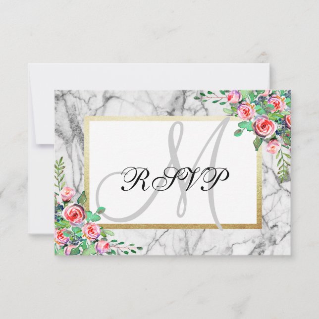 Mariage élégant RSVP floral Monogramme marbre (Devant)