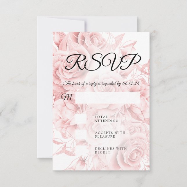 Mariage élégant RSVP simple Floral Black Rose Or (Devant)