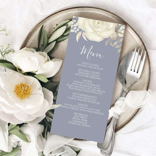 Mariage Élégante Calligraphie Blanc Floral Menu (Wedding menu card with calligraphy script and elegant foliage.)