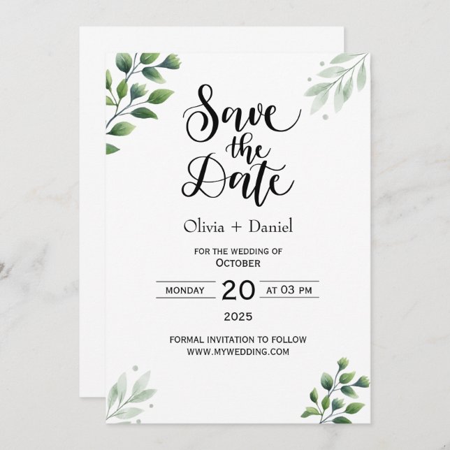 Mariage Elopement Vert Date Invitation (Devant / Derrière)