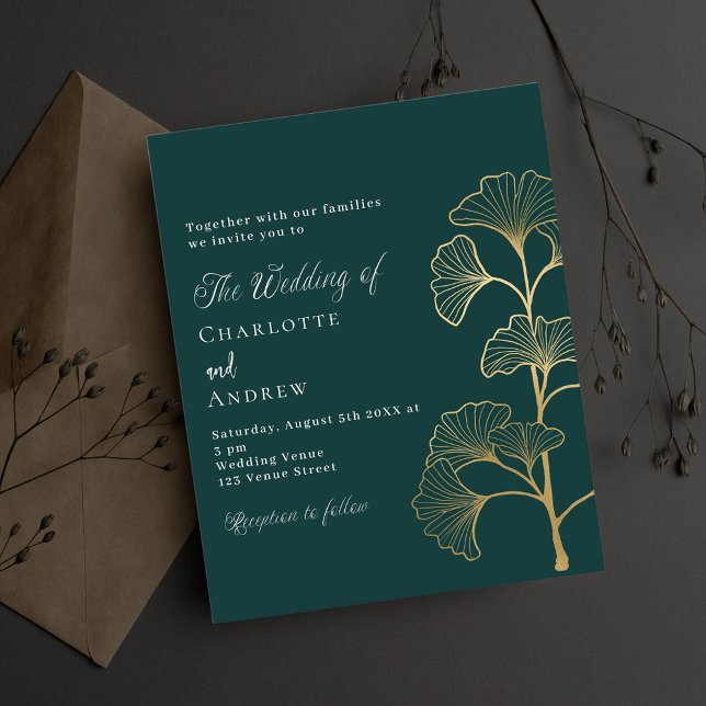 Mariage émeraude vert ginkgo invitation budgétaire (Créateur téléchargé)