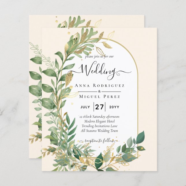 Mariage en or Leaf de plantes modernes Invitation (Devant / Derrière)