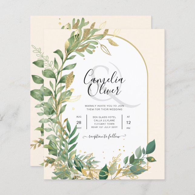 Mariage en or Leaf de plantes modernes Invitation (Devant / Derrière)