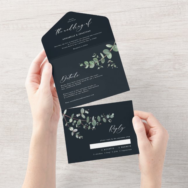 Mariage Eucalyptus botanique noir invitation + rsv (Déchirure)